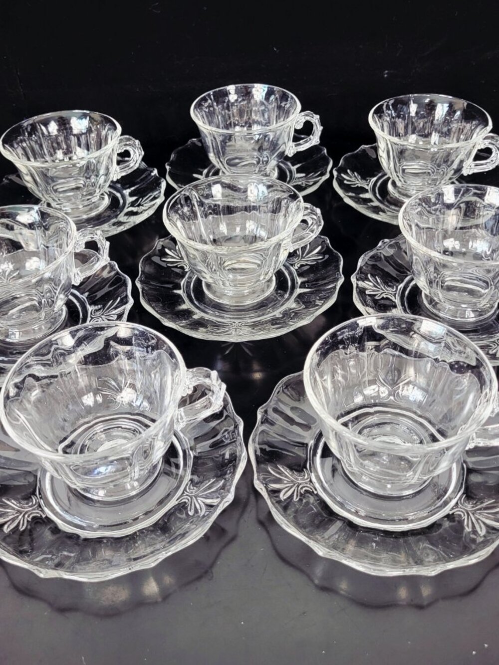 FOSTORIA~BAROQUE~SET OF 8~VINTAGE CLEAR GLASS TEA COFFEE CUPS AND SAUCERS